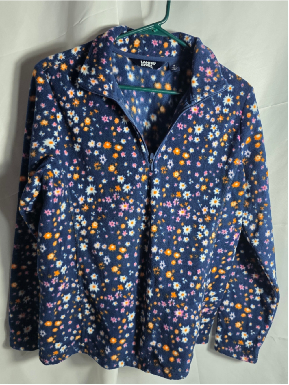 Women's Lands' End Floral Fleece Pullover Sweatshirt Size S Blue White fall cozy